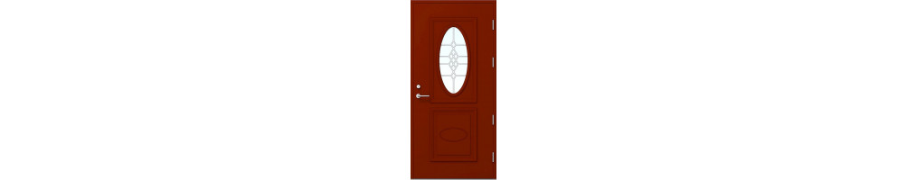 Traditionell ytterdörr design med moderna inslag och dekorlistning.